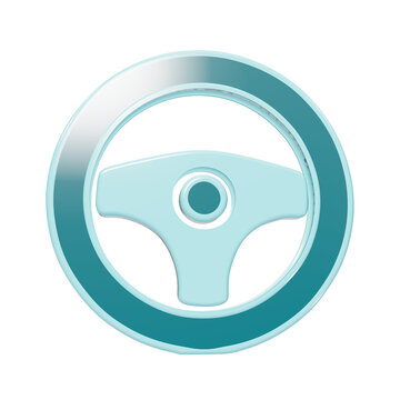 3D glossy steering wheel icon, light blue car control symbol with metallic gradient finish isolated on a solid black background
