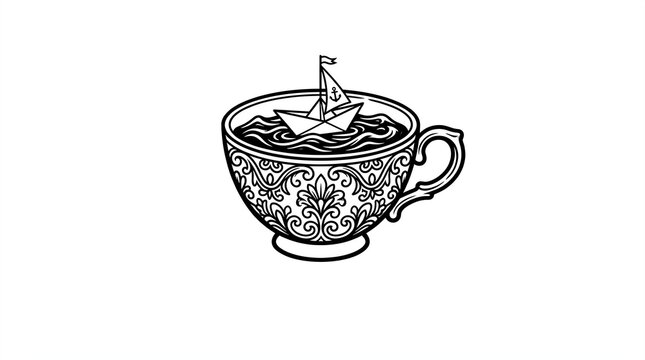 Ornate teacup filled with swirling liquid containing a small paper boat featuring a delicate anchor symbol rendered in clean black and white minimalist line art style
