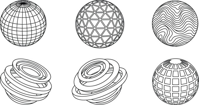 Abstract 3D Geometric Sphere Icon Set with Wireframe Mesh, Low Poly, and Wavy Line Spherical Vector Illustrations for Tech and Futuristic Designs