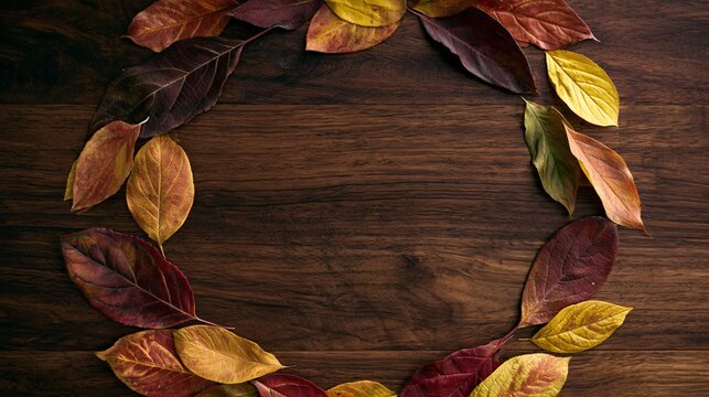 A premium dark walnut autumn background featuring autumn foliage arranged around a subtle circular opening in the center, creating a sophisticated seasonal frame suitable for logos, product placement