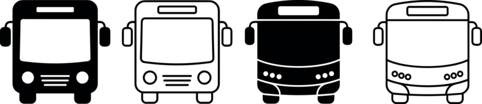 Minimalist public transportation bus icon set with front view outline and silhouette styles for transit navigation vector design elements