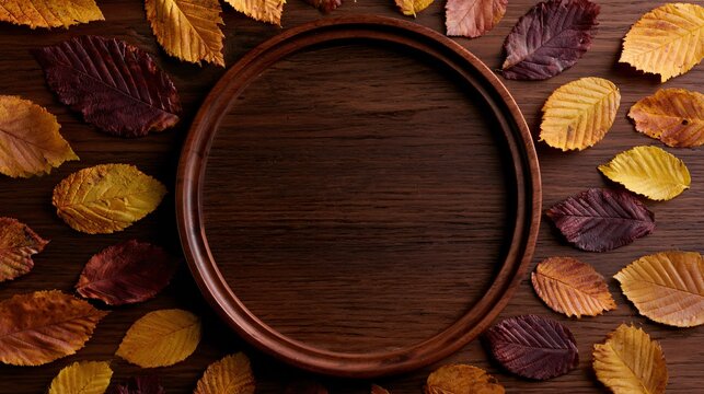 A premium dark walnut autumn background featuring autumn foliage arranged around a subtle circular opening in the center, creating a sophisticated seasonal frame suitable for logos, product placement
