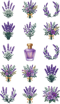 Lavender Flower Bouquet and Perfume Bottle Vector Set for Botanical Floral Design Projects
