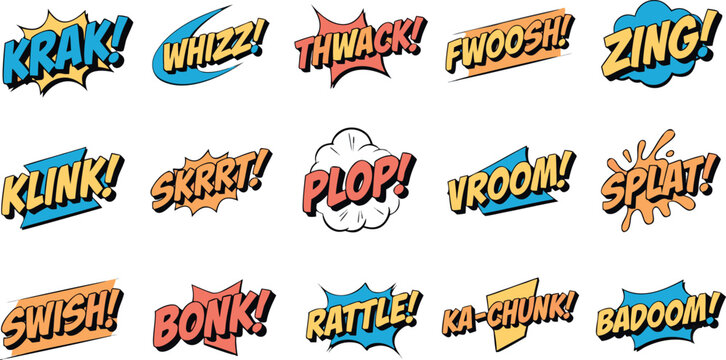 Vintage comic book sound effects vector set with dynamic explosions and fun action words like krak and whizz
