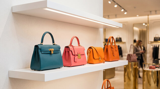 Fantastic minimalist display of magnificent bright luxury fashion handbags perfectly arrayed on a clean white shelf demonstrating high tier modern retail