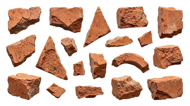 Collection of broken red brick fragments isolated on transparent background