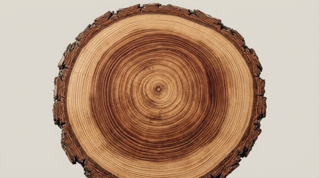 Detailed cross-section of a felled tree trunk, revealing distinct concentric growth rings, rough bark texture, and fine wood grain details, close-up, circular, natural