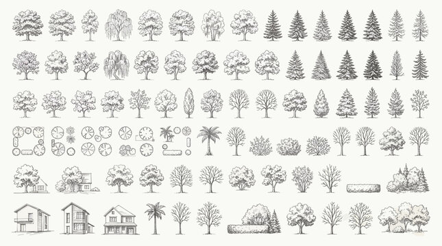 Hand drawn tree collection set, detailed botanical forest trees sketch pack, nature landscape design elements for map and garden planning vector illustration.