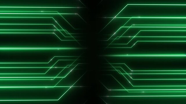 Circuit board pattern animation displays green neon lines. Computing runs along the circuit board pattern animation. Digital hardware drives the pattern animation.