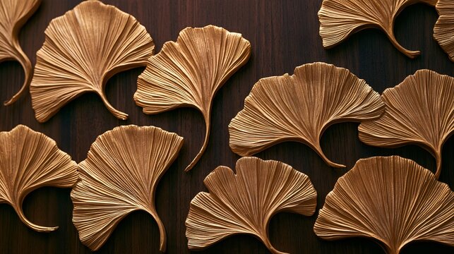 A refined dark walnut autumn background featuring golden ginkgo leaves arranged in a fan-like formation, each leaf positioned at a slightly different angle to create an elegant sculptural composition