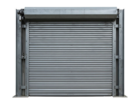 Industrial metal roller shutter door isolated on transparent background