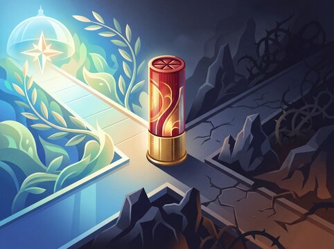 Shotgun shell standing at the crossroads of light and darkness