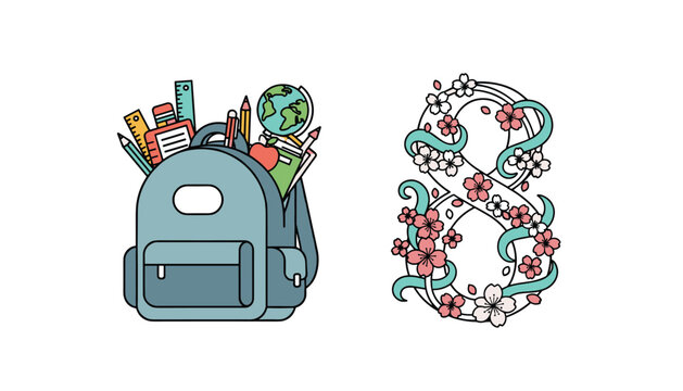Cute blue school backpack stuffed with learning supplies next to a floral number eight design for school start.