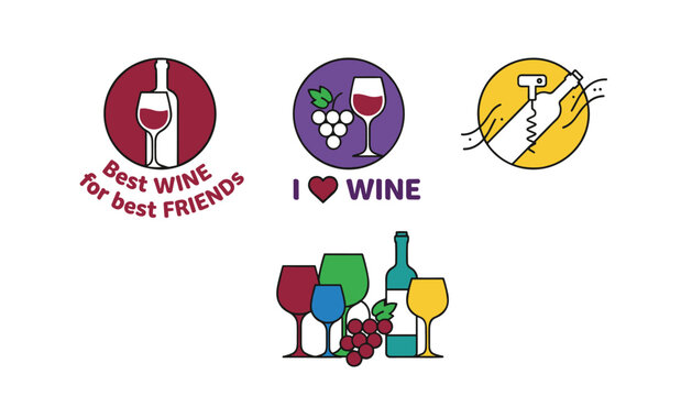 Creative collection of wine logos and icons showing bottles, glasses, grapes, and a corkscrew on colorful backgrounds.