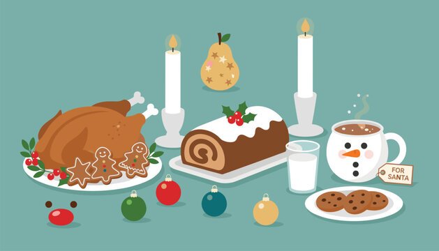 Festive Christmas dinner feast table layout containing a roasted turkey, yule log cake, gingerbread cookies, and warm milk.