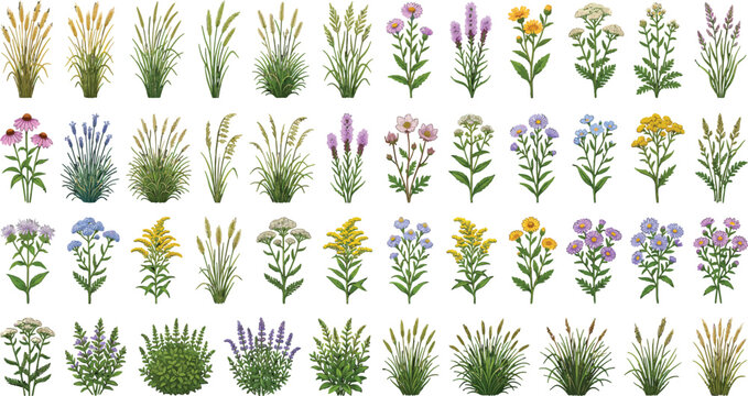 Set of Various Hand Drawn Wildflowers and Meadow Grasses Isolated on White Background