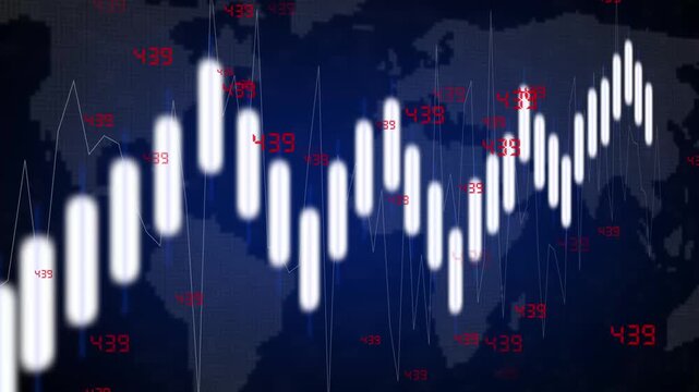 Stock market graph animation tracks numbers on world map. Trading analytics update on stock market graph animation. Revenue data guides this stock market graph animation.