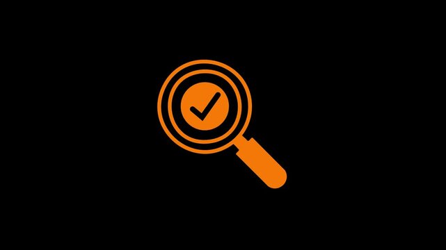 Orange magnifying glass icon with a check mark inside, representing verified search results, approval, accuracy, and successful validation on a dark background.