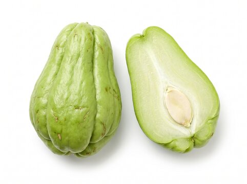 Fresh Chayote Squash Whole and Halved Isolated on White Background Representing Healthy Organic Vegetable Ingredients for Culinary Nutrition and Diet Planning