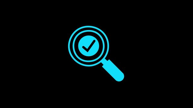 Orange magnifying glass icon with a check mark inside, representing verified search results, approval, accuracy, and successful validation on a dark background.