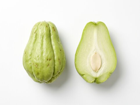 Fresh organic green chayote squash displayed as a whole vegetable and a longitudinal cross section slice showing the inner seed on a white background