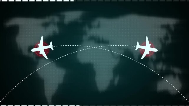 Airplanes flight animation traces dotted paths over a map. Tourism route telemetry guides airplanes flight animation. Passenger travel navigation tracks on the flight animation.