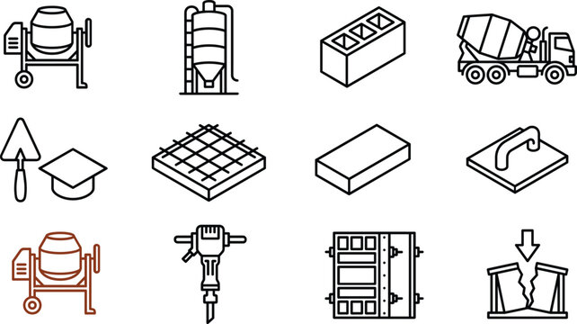 Concrete construction and masonry line icon set for cement manufacturing industrial tools engineering and building projects