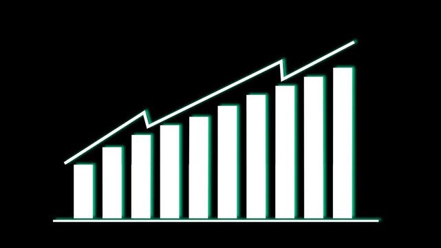 Bar graph animation displays green columns with a line chart. Corporate revenue success tracks on the bar graph animation. Business growth analytics drive this bar graph animation.