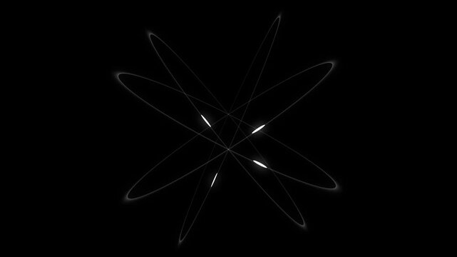 Atomic structure animation rotates with orbiting electrons. Physics research guides the atomic structure animation. Molecular models use this atomic structure animation.