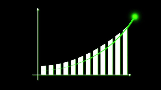 Bar graph animation displays green columns and a trend circle. Economic growth analytics update on this bar graph animation. Business revenue success drives this bar graph animation.
