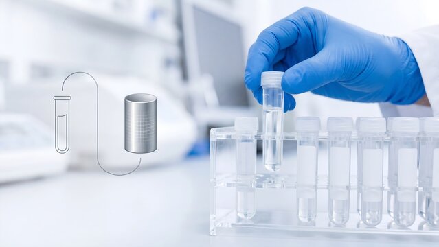 Lab technician in blue gloves lifting clear sample vial from plastic rack with digital tube to cylinder storage overlay in clean laboratory setting