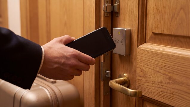 Hotel guest tapping smartphone against NFC door lock reader on wooden room door to gain contactless keyless entry with luggage beside him