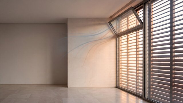 Empty room interior with open tilt window and louvered shutters casting warm sunset light, with blue airflow wave overlay illustrating natural ventilation