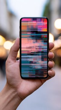 Hand holding smartphone displaying a colorful digital glitch, showing data corruption, communication failure, and technology breakdown with abstract pixels