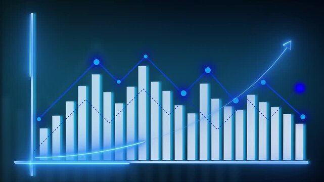 Bar chart animation displays blue columns with a trend arrow. Corporate revenue growth tracks on this bar chart animation. Performance analytics guide this bar chart animation.