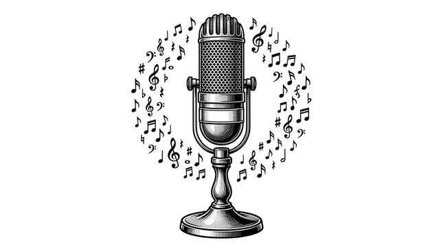 Vintage silver microphone detailed with intricate crosshatching lines and surrounded by a swirling circular pattern of floating musical notes for broadcast media or studio recording concepts.