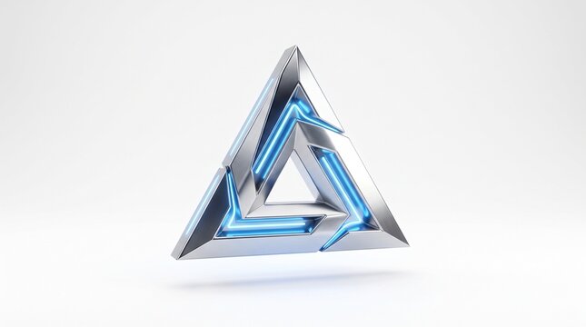 Abstract 3d metallic impossible triangle shape with glowing blue neon light lines, futuristic geometric design isolated on white background