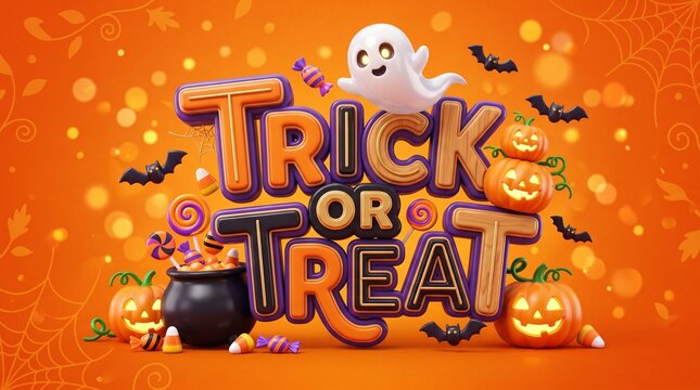 3d halloween trick or treat text design with cute ghost, pumpkins, bats, and colorful candies on an orange background