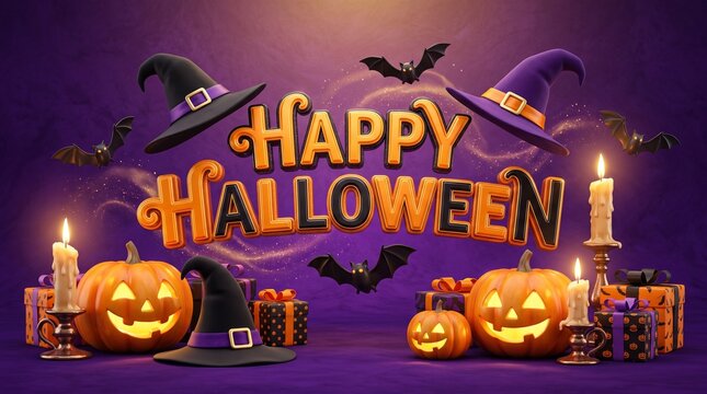 Happy halloween 3d text with pumpkins, witch hats, bats, and gift boxes on a purple background