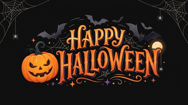 Happy halloween greeting card design with a spooky carved jackolantern, flying bats, cobwebs, and a full moon on a dark background