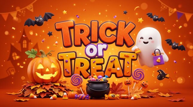3d halloween trick or treat text with cute ghost, pumpkin, and candy on an orange background