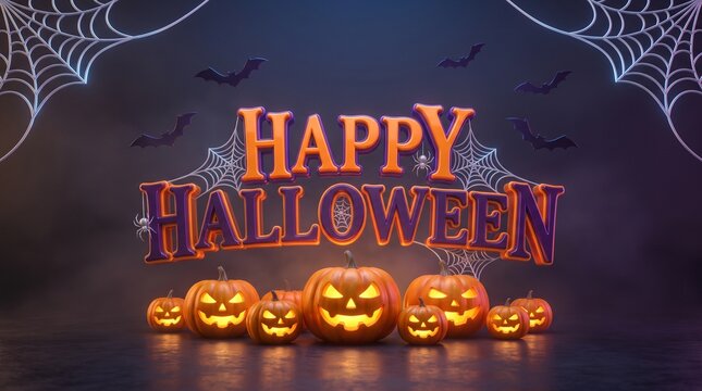 Happy halloween 3d text with glowing jackolantern pumpkins, spider webs, and flying bats on a dark spooky background