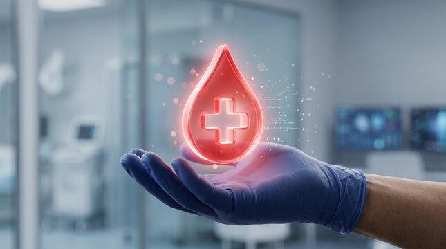 Medical professional in blue glove holding a glowing red digital blood drop icon with a cross symbol in a modern hospital laboratory