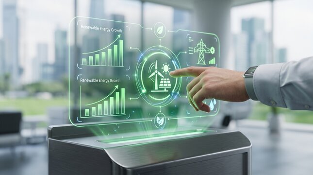 Businessman interacting with a futuristic holographic interface displaying renewable energy growth charts and icons in a modern office