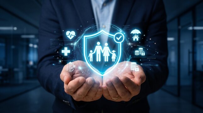 Businessman holding a glowing digital shield icon with family silhouette and insurance symbols, representing comprehensive protection and financial security