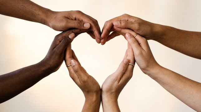 Diverse group of people joining hands together to form a heart shape, symbolizing unity, love, and community support