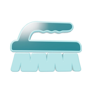 3D icon of a teal scrubbing brush with a handle and light blue bristles, isolated on a solid black background, rendered in a glossy plastic style