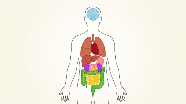 Human body anatomy diagram showing internal organs including brain, heart, lungs, liver, stomach, kidneys, and intestines