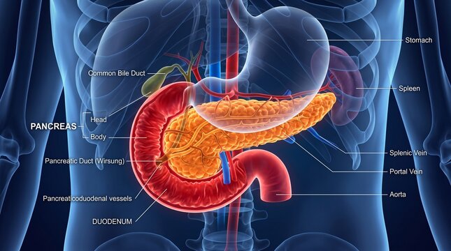 Anatomical illustration of the human pancreas and surrounding organs including the stomach, duodenum, spleen, and major blood vessels