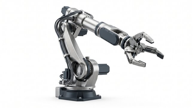 Industrial robotic arm with a mechanical claw gripper isolated on white background